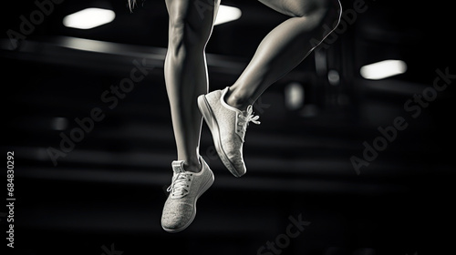 Gymnast's feet execute leaps on floor exercise