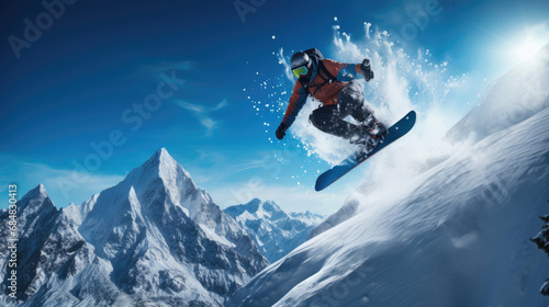 Snowboarder executing a powerful jump with mountain scenery