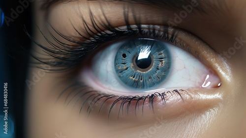 Beautiful woman's blue eye with full lashes. Medical clinic, lenses, cosmetic, health care, beauty, treatment concept. Close-up. photo