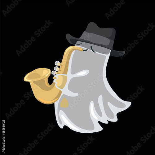 Cute smiling ghost in soft grey hat playing saxophone photo