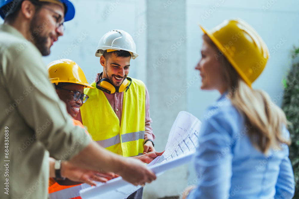 Team of construction workers discussing project details with executive supervisor. Group of architects and civil engineers inspecting construction site. Structural engineer and architect discussing.