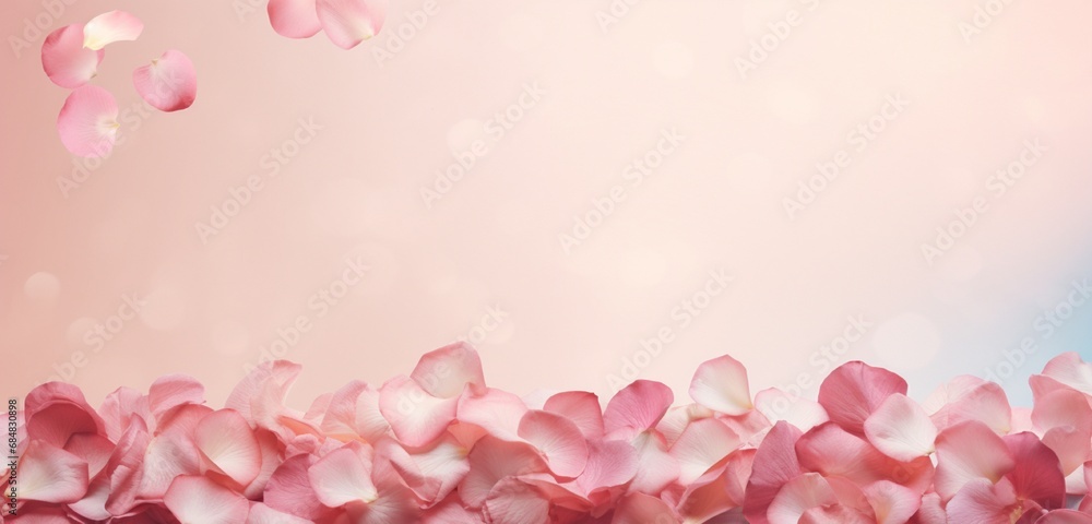 an image of scattered rose petals on a soft, pastel-colored background, creating an atmosphere of romance. enough space on the image to insert a personalized Valentine's Day greeting. an image of scattered rose petals on a soft, pastel-colored background, creating an atmosphere of romance. enough space on the image to insert a personalized Valentine's Day greeting.