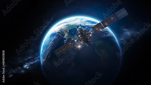 Space satellite with solar panels and antenna orbiting the earth. Global science communication system. A satellite or spaceship or spacecraft in orbit transmits a signal to the blue planet. Digital photo