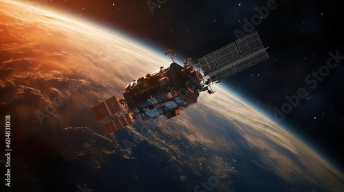 Space station or spaceship or spacecraft with solar panels and antenna orbiting the earth. Global science communication system. A satellite in orbit transmits a signal to the blue planet. Innovative