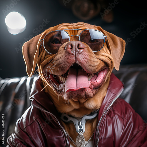 stylistic illustration of a Dogue de Bordeaux mastiff dog in various clothing styles and interiors for lovers of the breed and for a positive mood