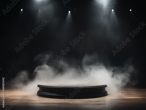 platform for performing or showcasing new product, podium, smoke, lights, backlit, big open space