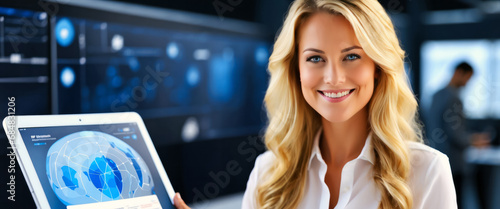 Business-Frau mit Tablet in High-Tec-Umgebung, generated image
