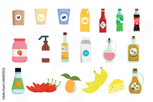 Set of shop products in cartoon style. Vector illustration of various products from a grocery store, supermarket: coffee, yogurts, juices, carbonated drinks, milk, jam, sauces, ketchup, olive oils.