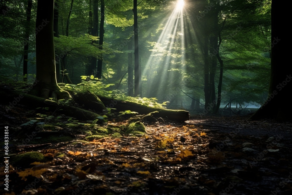 Sunlight filtering through the leaves of a dense forest, creating a magical play of shadows on the forest floor.