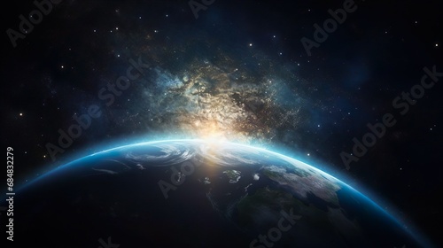 Stunning view of the blue planet earth with oceans and continents from starry outer space. Solar system. The concept of environmental conservation the future of humanity and space tourism. © Irina