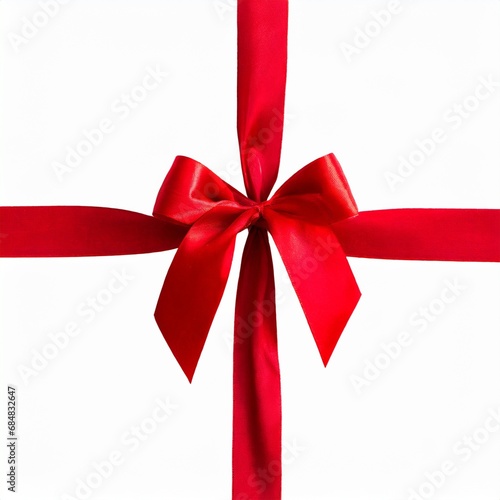Red ribbon bow on white silk satin glitter gift