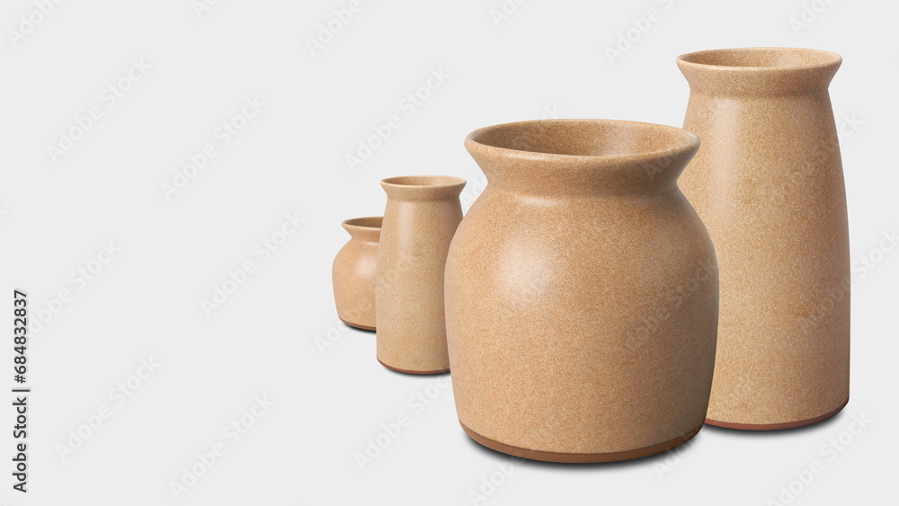 Closeup of earthenware ceramic jars, isolated on grey copy-space background. Closeup of earthenware ceramic jars, isolated on grey copy-space background.