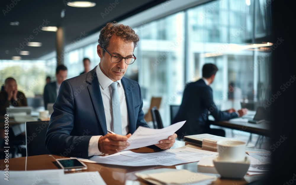 Busy businessman investor checking bank document at office team meeting