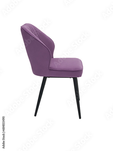 violet fabric chair with wooden legs isolated on white background, side view