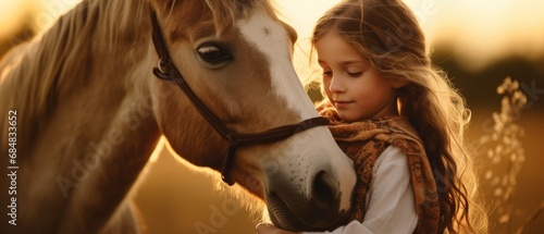 Beautiful little girl with cute clothes is hugging and caring a horse photo