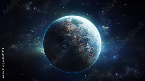 Stunning view of the blue planet earth with oceans and continents from starry outer space. Solar system. The concept of environmental conservation the future of humanity and space tourism.