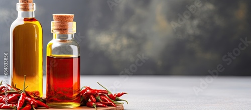 Homemade remedy for hair loss: small glass bottle of chili pepper oil. Natural solution for baldness and alopecia, DIY spa recipe. photo