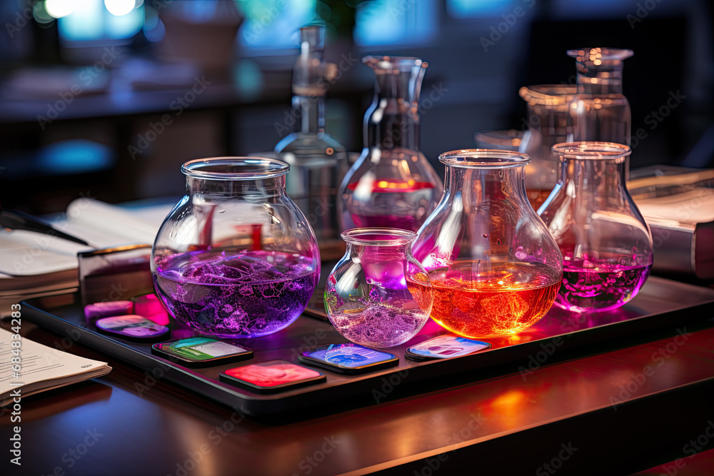 A tray that has a bunch of bottles on it created with generative AI technology A tray that has a bunch of bottles on it created with generative AI technology