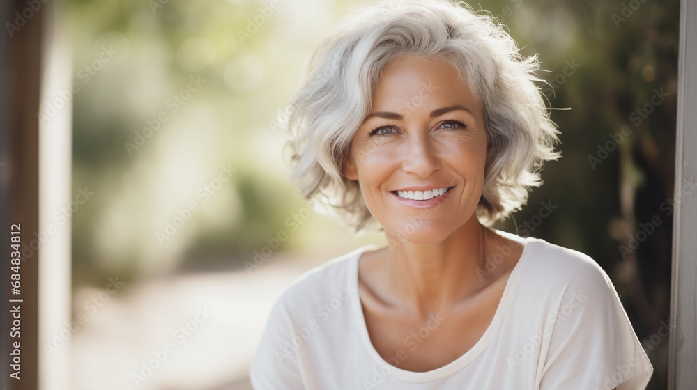 An elderly woman with silver hair and a white shirt, radiates joy through a warm and delightful smile, beaming with happiness and exuding positivity. An elderly woman with silver hair and a white shirt, radiates joy through a warm and delightful smile, beaming with happiness and exuding positivity.