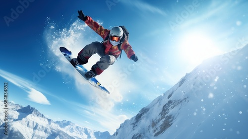 Adrenaline-fueled snowboarder conquering mountain terrain with a fearless jump high above majestic peaks, capturing the thrill of extreme snowboarding.