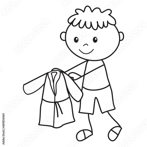 Stick figure boy holding bathrobe