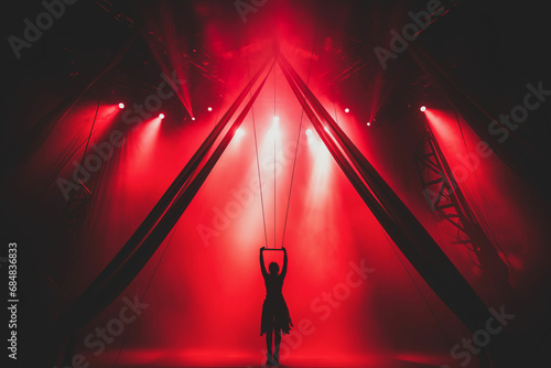 Mesmerizing Circus Act. Elegantly Poised Girl Reaches with Grace for Trapeze - Authentic Circus Prop
