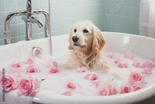 Foamy Paradise. Adorable Golden Retriever Enjoys a Relaxing Bath Surrounded by Bubbles and Roses © katrin888