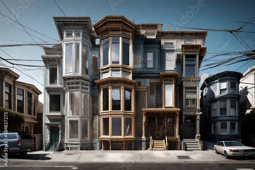 e wind is visualized as real cladding made of mercury and fabrics mixed with Victorian house in san Francisco- photo