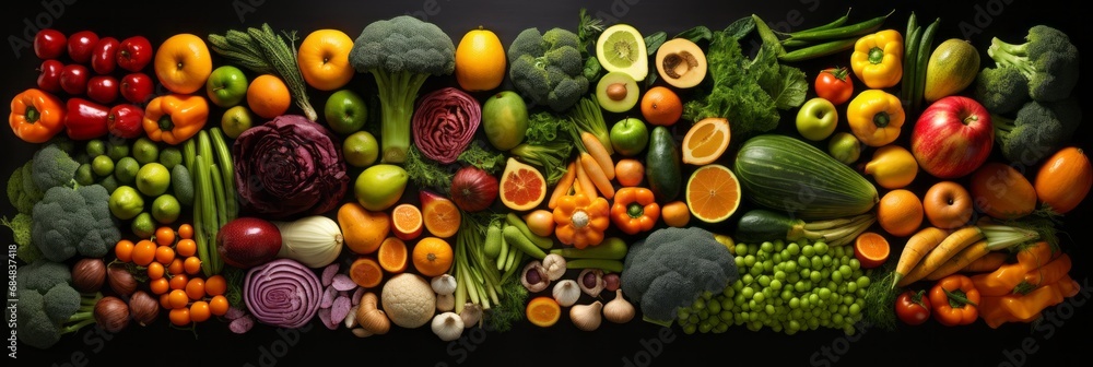 Assorted fresh vegetables and fruits on dark background, top view flat lay composition - obrazy, fototapety, plakaty 