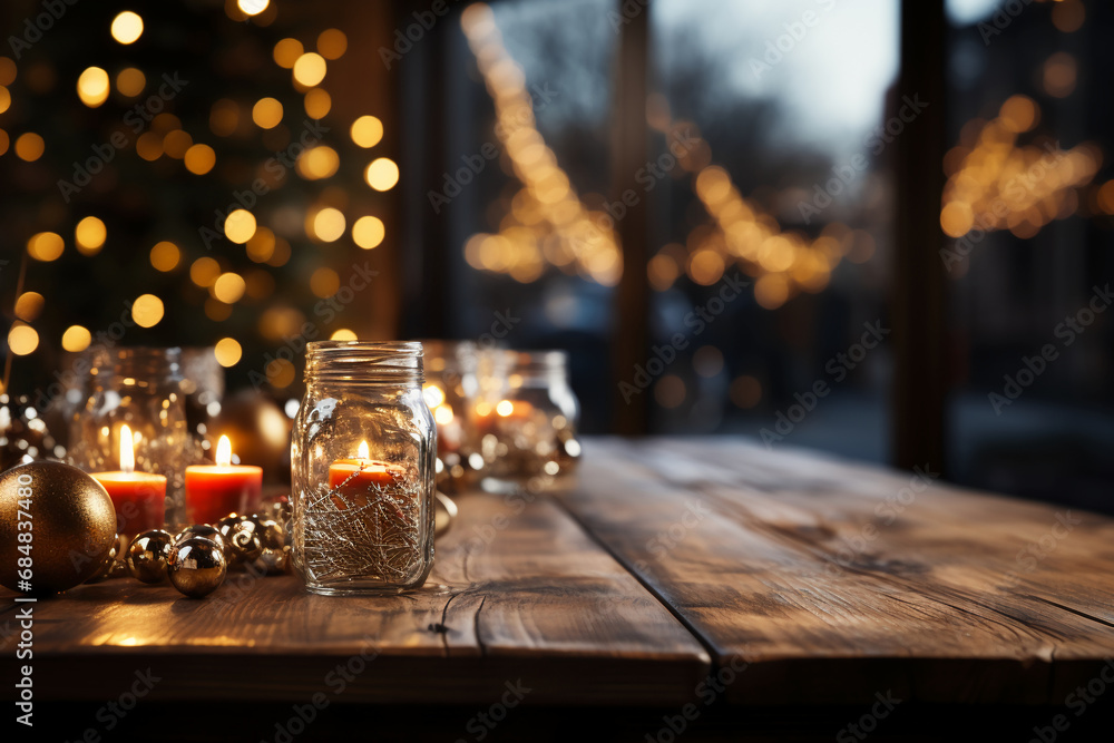 Empty wooden table with christmas theme in background. AI generative Empty wooden table with christmas theme in background. AI generative
