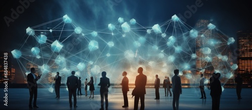 A group of businesspeople standing in front of a network of dots for global connection