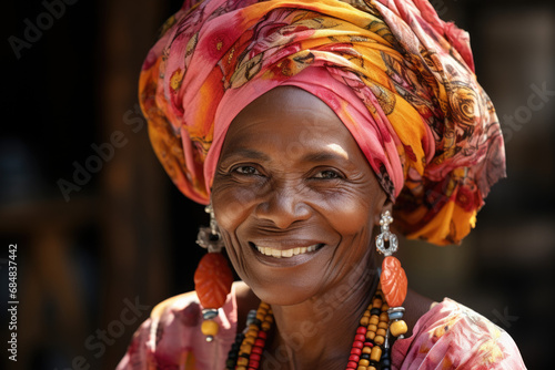 A portrait of a beautiful old black woman, colorful and sunny