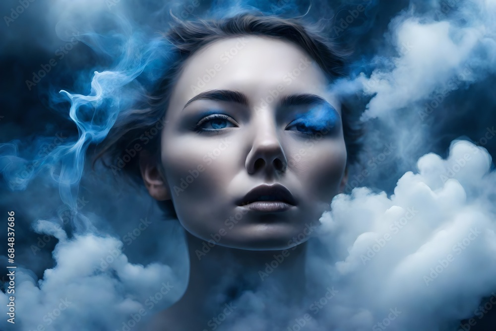 smudge, floating close up of a woman animating into vapor and dark clouds, white and blue