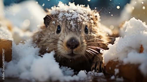 Groundhog covered in snow. Happy Groundhog day photo