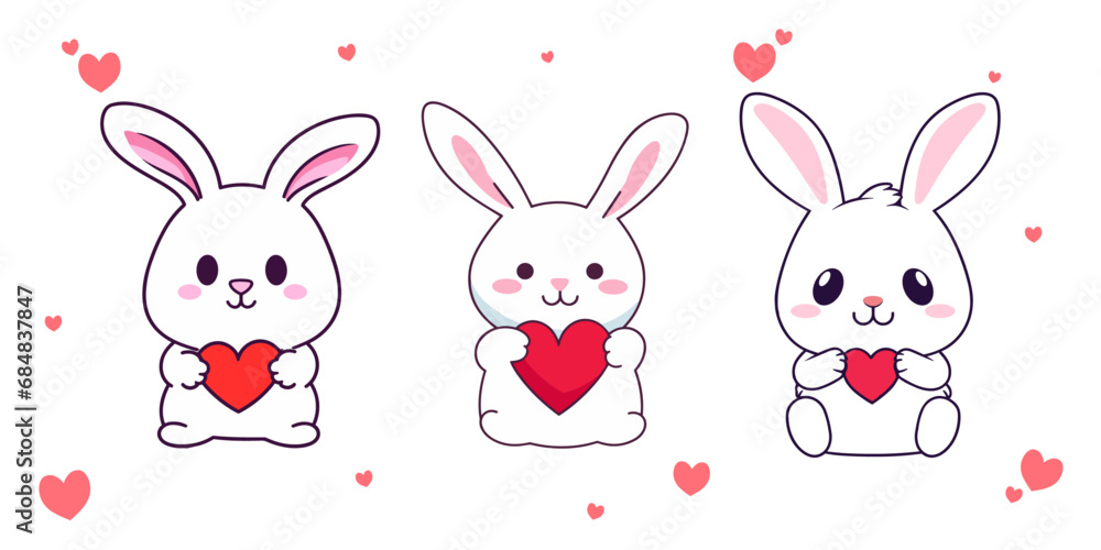 Obraz premium Heart Compositions with Flat Style Rabbit: A Valentine’s Day Set Collection, Transparent background, png, vector