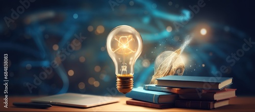 Bright light bulb on the open book for smart idea learning concept. photo