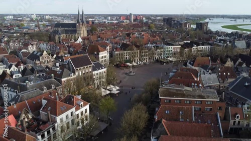 Drone flying over the Brink, medieval Dutch city  Deventer's main square, towards the Bergchurch. photo