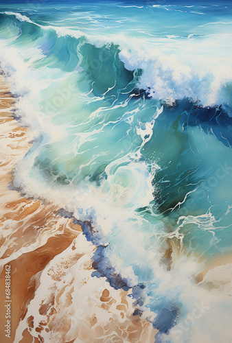 Overhead ocean view, frothy waves, sandy beach. AI generative