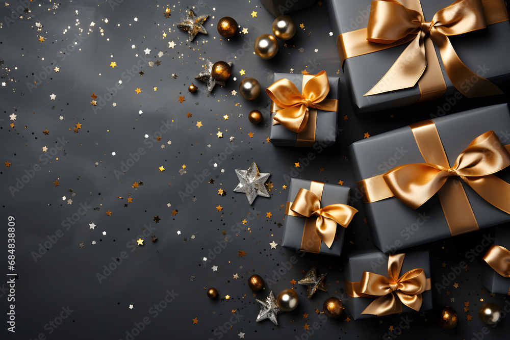 Grey gifts with golden bows and ribbon, view from above with copy space