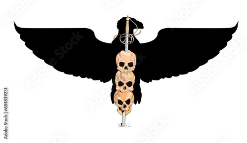 T-shirt design with three skulls skewered by a sword with a black eagle in the background. Illustration about the horrors of war.