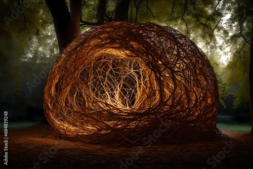 this sculpture made entirely from tangled woven branches lit up with warm light from inside at night-