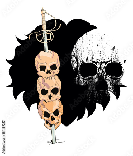T-shirt design with three skulls skewered by a medieval sword. Illustration about the horrors of war.