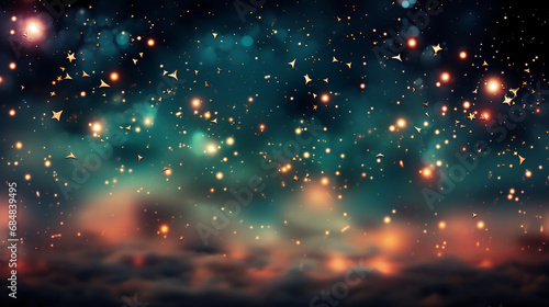 Starry sky graphic border with pink and green bokeh lights. AI generative
