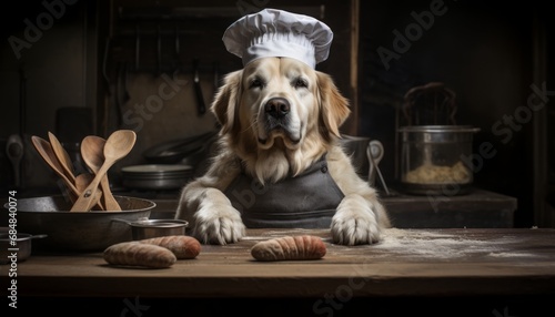 Adorable dog in the kitchen wearing a chef hat, preparing nutritious and delicious meals for animals