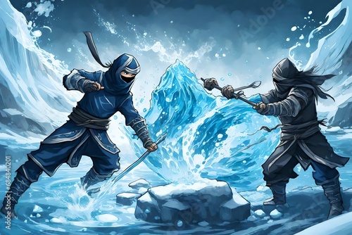 ninjas fighting with 2 elemental powers(water and ice) photo