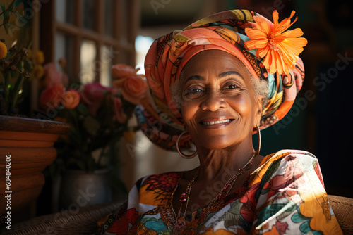 A portrait of a beautiful old black woman, colorful and sunny
