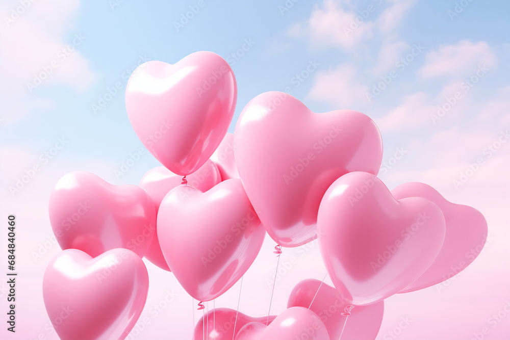 Heart shape pink balloons. Valentine's Day or Mother's Day elements against blue sky background
