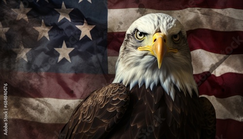 Majestic american bald eagle proudly perched on a weathered and tattered grunge style american flag