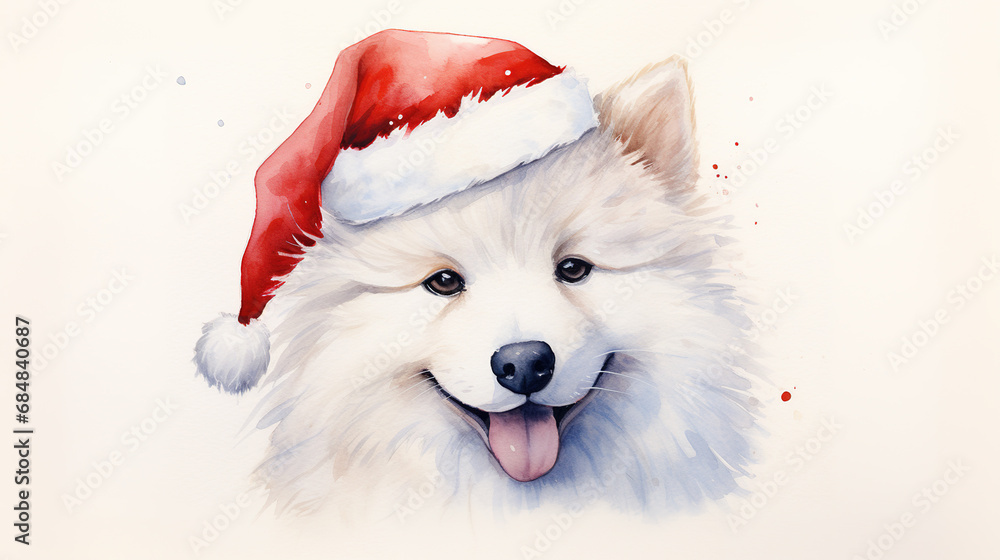 Φωτογραφία Watercolor painting of samoyed dog wearing Santa hat for christmas festival
