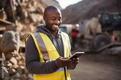 A young Black African nining construction worker with digital tablet in open pit quarry photo